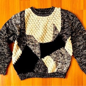 Vintage 80s black and white pom texture abstract crew neck sweater